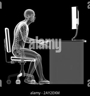 Rendu 3d illustration d'un homme travaillant sur pc - mauvaise position d'assise Banque D'Images