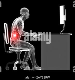 Rendu 3d illustration d'un homme travaillant sur pc - mauvaise position d'assise Banque D'Images