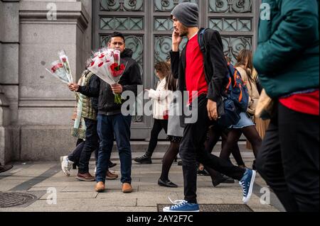 Madrid, Espagne. 14 février 2020. Un vendeur de rue essayant de vendre des roses sur la place Cibeles pour la Saint-Valentin. Crédit: Marcos Del Mazo/Alay Live News Banque D'Images