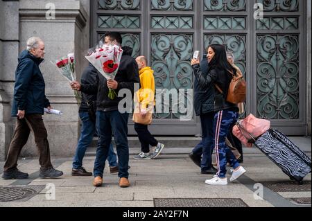 Madrid, Espagne. 14 février 2020. Un vendeur de rue essayant de vendre des roses sur la place Cibeles pour la Saint-Valentin. Crédit: Marcos Del Mazo/Alay Live News Banque D'Images