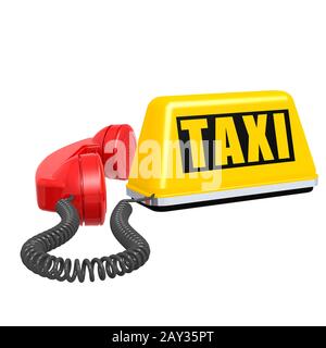 Panneau de voiture de taxi et téléphone sur fond blanc isolé Banque D'Images