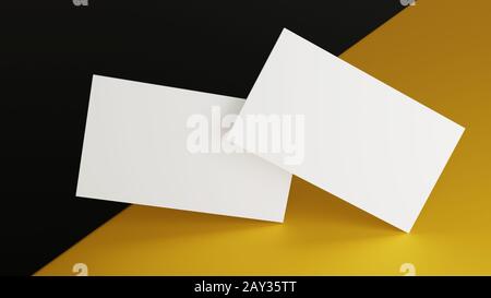 Maquette de carte de visite blanche empilable sur fond de table jaune noir. Concept d'arrière-plan d'objet pour l'impression du modèle de présentation de marque. 3,5 x 2 po Banque D'Images