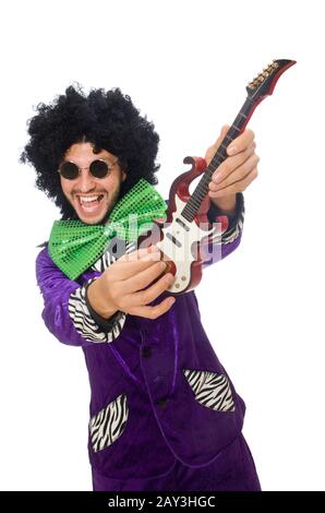 L'homme drôle avec toy guitar isolated on white Banque D'Images