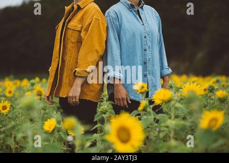Couple sur champ de tournesol fleuri Banque D'Images