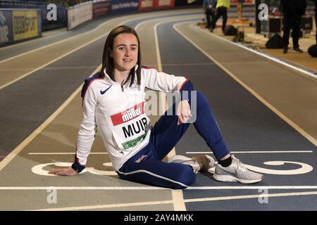 Glasgow, Royaume-Uni. 14 février 2020. Laura Muir (GBR), à une photocall pré-événement aujourd'hui. Laura Muir – GBR (1000 m – WR tentative) • cinq fois championne d’Europe et médaillée d’intérieur à double monde • Muir a terminé 5ème aux Championnats du monde de l’année dernière en 3:55.76, sa deuxième plus rapide jamais • Déjà titulaire de cinq records britanniques (1500 m à l’extérieur et 1000 m, 1500 m, 3 000 m et 5 000 m à l'intérieur), Muir va chercher à battre le record mondial de 1 000 m le samedi 15 février • le record est de 2:30.94 et est tenu par Maria Mutola ayant été fixé en 1999 – le meilleur de Muir sur la distance à l'intérieur se situe à 2:31.93 Banque D'Images