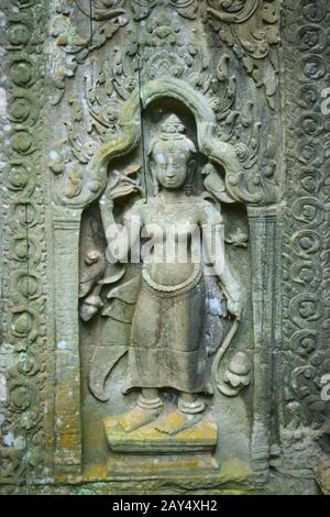 APSara dans bas-relief sur un mur aux ruines du temple de Ta Prohm, situé dans le complexe Angkor Wat près de Siem Reap, au Cambodge. Banque D'Images