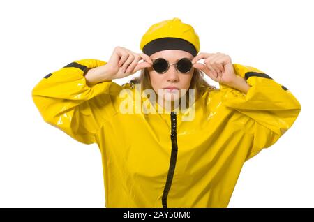 Femme en costume jaune isolated on white Banque D'Images