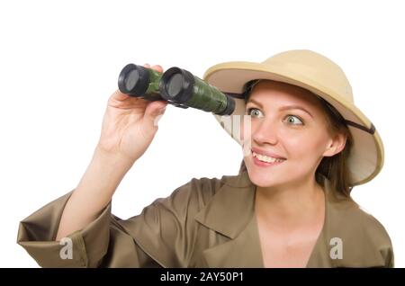 Woman wearing safari hat on white Banque D'Images