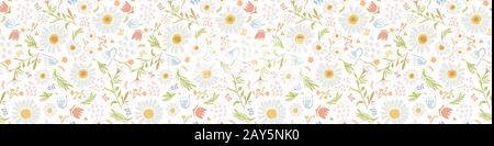 Camomille Lawn Daisy Wildflower Motif Bannière Arrière-Plan. Bordure Sans Couture En Fleur De Margerite Naïve. Feuilles Délicates Tracées À La Main Wie Ttextile Illustration de Vecteur