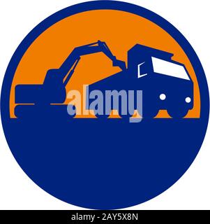 Mechanical Digger Loading Dump Truck Retro Circle Banque D'Images