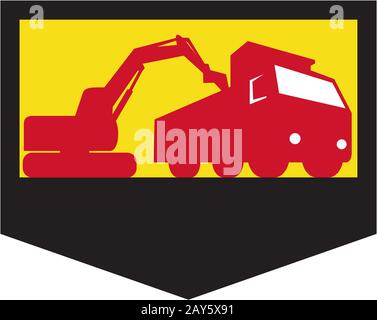 Mechanical Digger Loading Dump Truck Shield Retro Banque D'Images