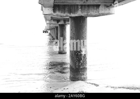 Sous la jetée Schoenberger plage Mer Baltique Allemagne noir et blanc Banque D'Images