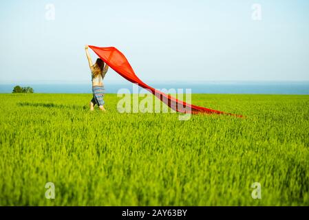 Jeune femme heureuse en champ de blé avec le tissu. Vie d'été Banque D'Images