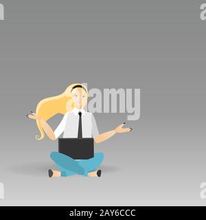 La femme qui travaille assis sur le sol va, travail freelance réussi. Responsable féminin à un poste à distance, assistant en ligne au travail, promotion dans le réseau. Illustration de Vecteur