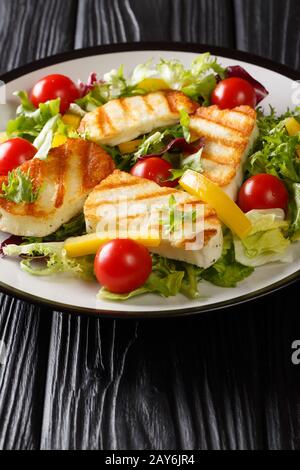 Salade chypriote de fromage hallucini grillé, tomates, poivrons et laitue se rapprochées dans une assiette sur la table. Verticale Banque D'Images
