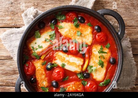 Fromage Halloumi traditionnel avec tomates, poivrons, olives dans une sauce épicée dans une poêle sur la table. Vue de dessus horizontale Banque D'Images