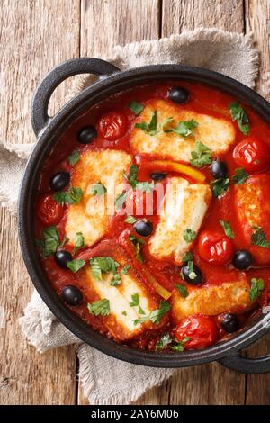 Fromage Halloumi cuit avec tomates, poivrons, olives dans une poêle sur la table. Vue verticale du dessus Banque D'Images