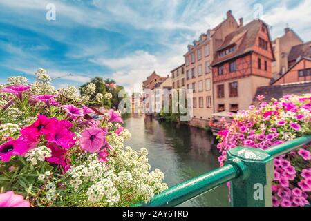 Paysage coloré et fabuleux avec fleurs décoratives et la rivière Des Maisons Malades et à colombages à Strasbourg, France Banque D'Images