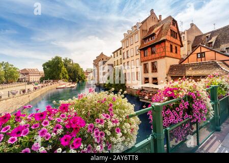 Paysage coloré et fabuleux avec fleurs décoratives et la rivière Des Maisons Malades et à colombages à Strasbourg, France Banque D'Images