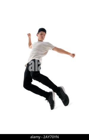 Le hip-hop dancer performing on white background Banque D'Images