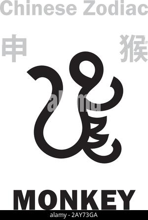 Astrologie Alphabet: Monkey [猴] signe du zodiaque chinois. (Aussi: Hanuman, le roi des singes). Caractère chinois, signe hiéroglyphique (symbole). Illustration de Vecteur