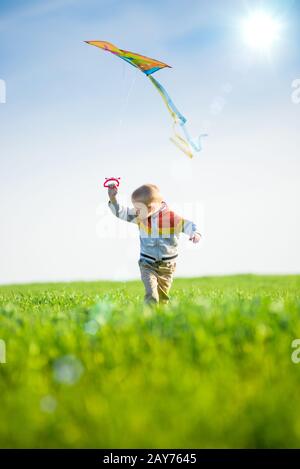 Jeune garçon jouant avec son cerf-volant dans un champ vert. Banque D'Images