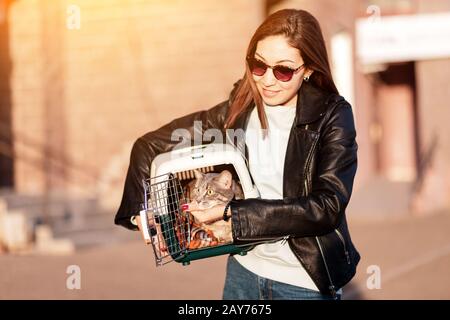 La propriétaire d'animal de compagnie de fille porte son chat dans un support spécial de cage en plastique pour une promenade ou dans une clinique vétérinaire Banque D'Images