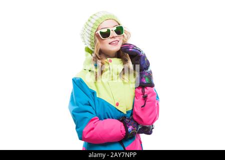 Ski girl blonde à lunettes Banque D'Images