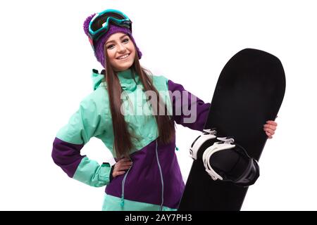 Jeune femme en tenue de ski snowboard attente violet Banque D'Images