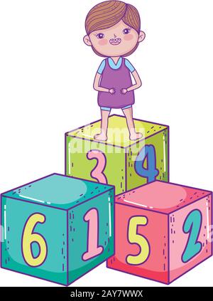 bonne journée pour les enfants, petit garçon debout sur des cubes de chiffres illustration vectorielle de dessin animé Illustration de Vecteur