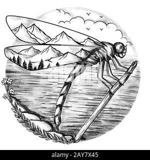 L'intérieur de la montagne de tatouage ailes de libellule Banque D'Images