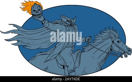 Headless Horseman Pumpkin Tête de cheval dessin ovale Banque D'Images