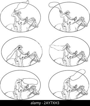 Lasso Cowboy Riding Horse Set Collection Dessin Banque D'Images