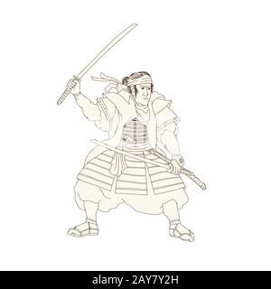Samurai Warrior Katana Lutte Estampe Position Banque D'Images