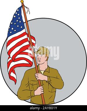 Soldat américain Holding USA Flag Dessin Cercle Banque D'Images