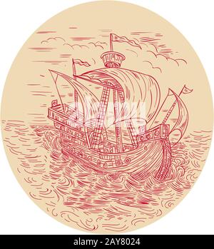Tall Ship Sailing mer démontée dessin ovale Banque D'Images