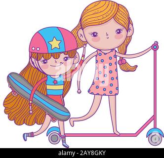 bonne journée pour les enfants, filles avec scooter et planche à roulettes illustration vectorielle extérieure Illustration de Vecteur