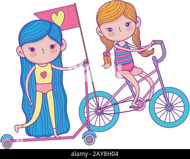 bonne journée pour les enfants, jolies filles à vélo et scooter dans l'illustration vectorielle du parc Illustration de Vecteur