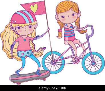 bonne journée pour les enfants, jolies filles à vélo d'équitation et skateboard dans l'illustration vectorielle du parc Illustration de Vecteur