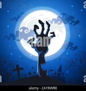 Fond Halloween zombie avec mains sur la pleine lune. Banque D'Images