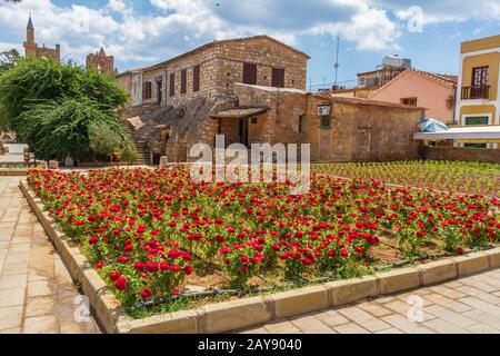 Vue sur les fleurs sur une place dans la vieille ville médiévale fortifiée de Famagousta, Chypre Banque D'Images