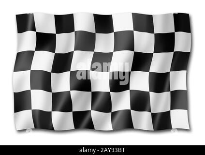 Drapeau à damier de finition de course automatique isolé sur blanc Banque D'Images