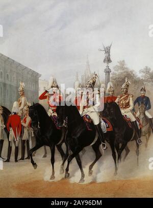 L'empereur russe Nicolas I Pavlovich et le Grand-duc Alexandre Nikolaïevitch avec sa rétine. Peinture de K. Schmidt, XIXe siècle. Banque D'Images