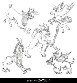 Créatures mythiques Collection d'œuvres d'art de Doodle Banque D'Images