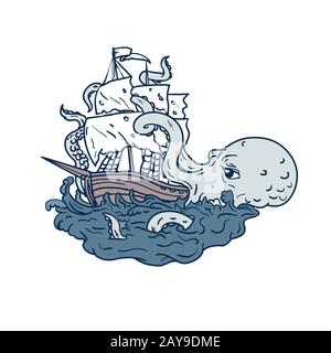 Kraken attaquant voile Galleon Doodle Art Color Banque D'Images