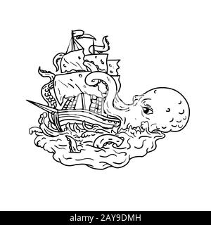 Kraken attaquant bateau à voile Doodle Art Banque D'Images