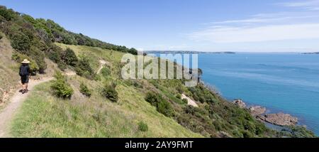 Homme avec chapeau, randonnée sur le sentier près de l'océan dans l'île Waiheke Banque D'Images