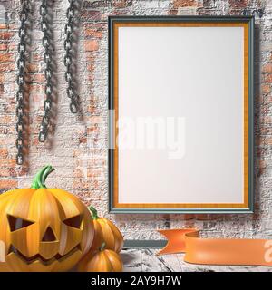 Jack O Lantern pumpkin, des chaînes et des maquettes de l'affiche en blanc sur mur blanc. 3D Banque D'Images