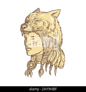 Femme américaine autochtone portant une Headdress de loup Banque D'Images