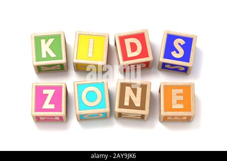 Mot KIDS ZONE faite de blocs de bois 3D jouet Banque D'Images